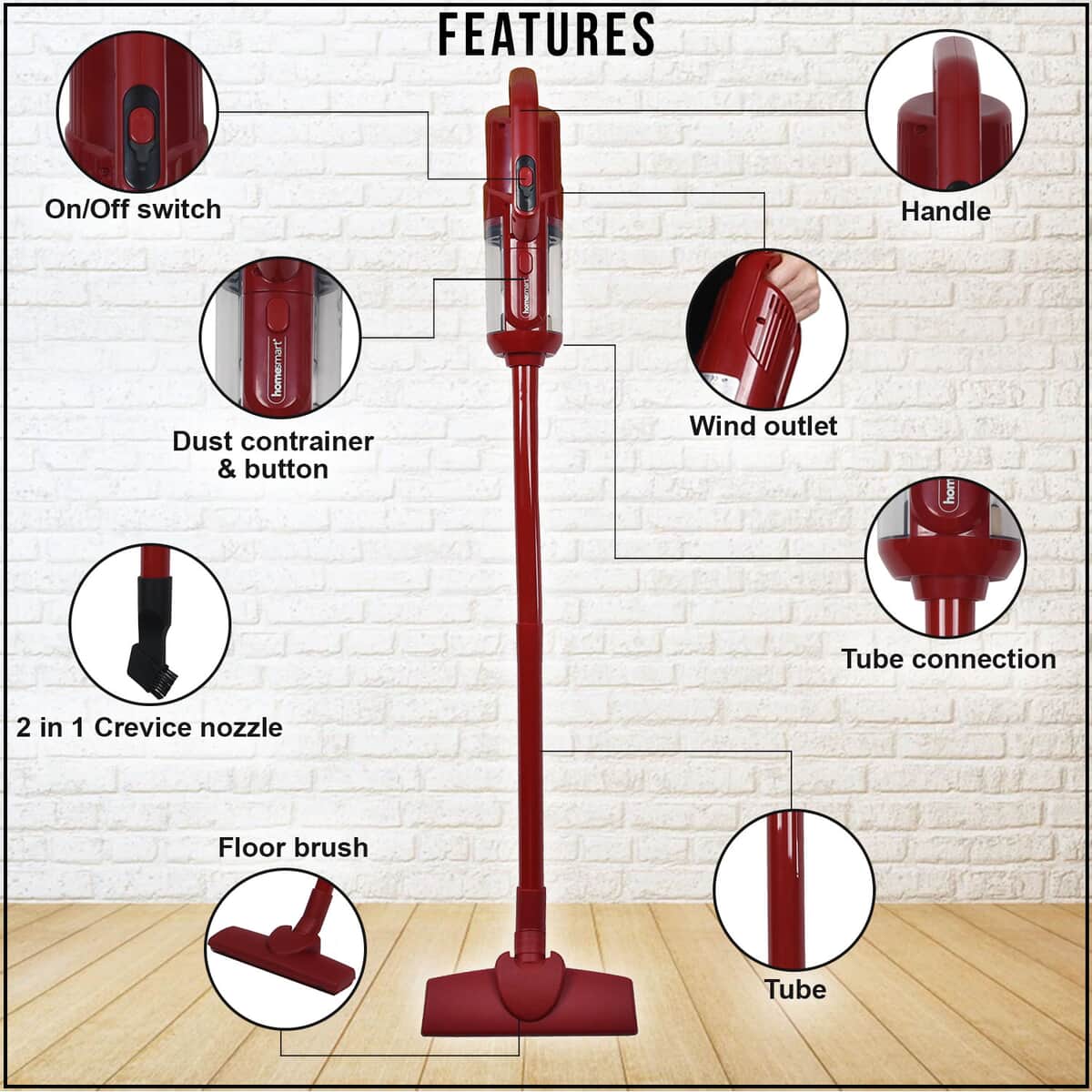 Homesmart 2 in 1 Cordless Cyclone STICK VACUUM CLEANER-Red (Rechargeable) image number 2