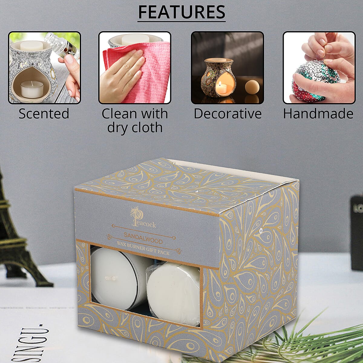 Peacock 3pc Wax Burner Gift Pack -Sandalwood, Ceramic Fragrance Diffuser, Tealight Candle Holder, Essential Oil Burner  image number 2