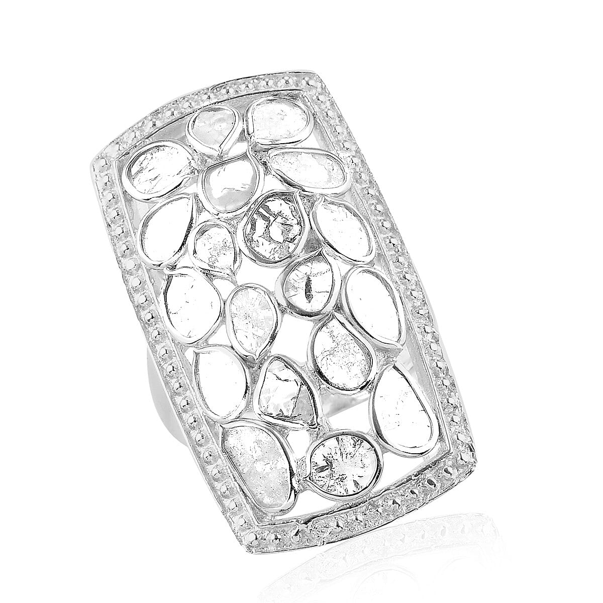Artisan Crafted 2.00 ctw Polki Diamond Cushion Shape Ring in Platinum Over Sterling Silver (Size 11.0)