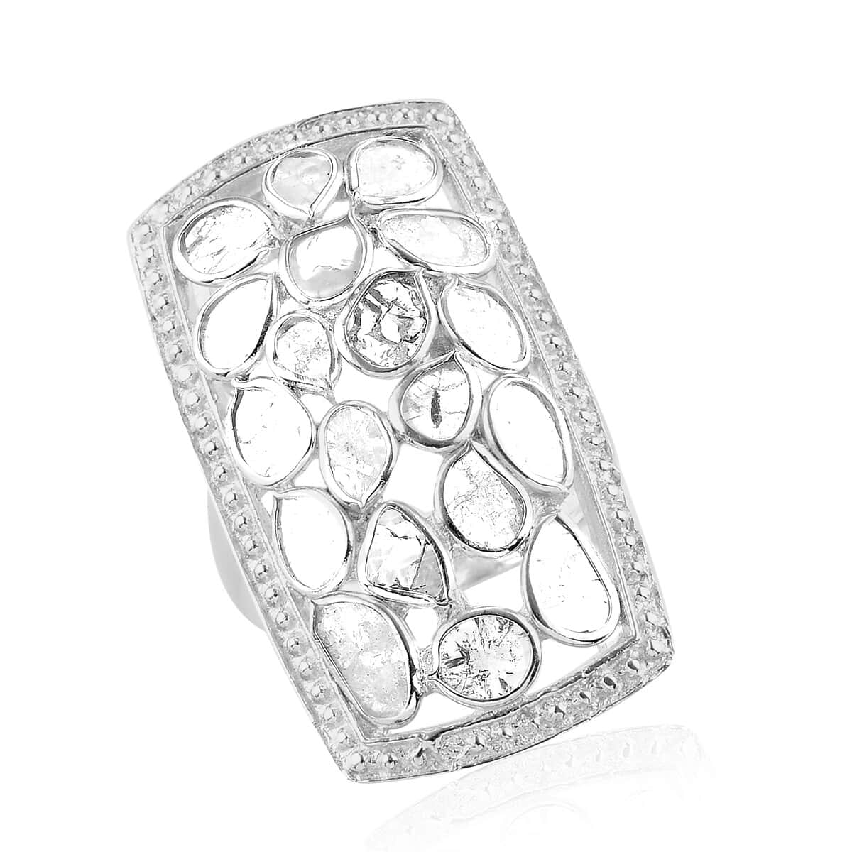 Artisan Crafted 2.00 ctw Polki Diamond Cushion Shape Ring in Platinum Over Sterling Silver (Size 11.0) image number 0