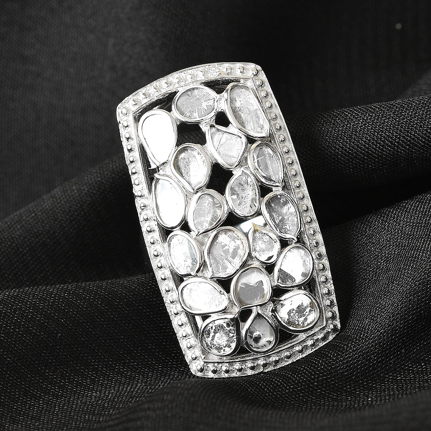 Artisan Crafted 2.00 ctw Polki Diamond Cushion Shape Ring in Platinum Over Sterling Silver (Size 11.0)