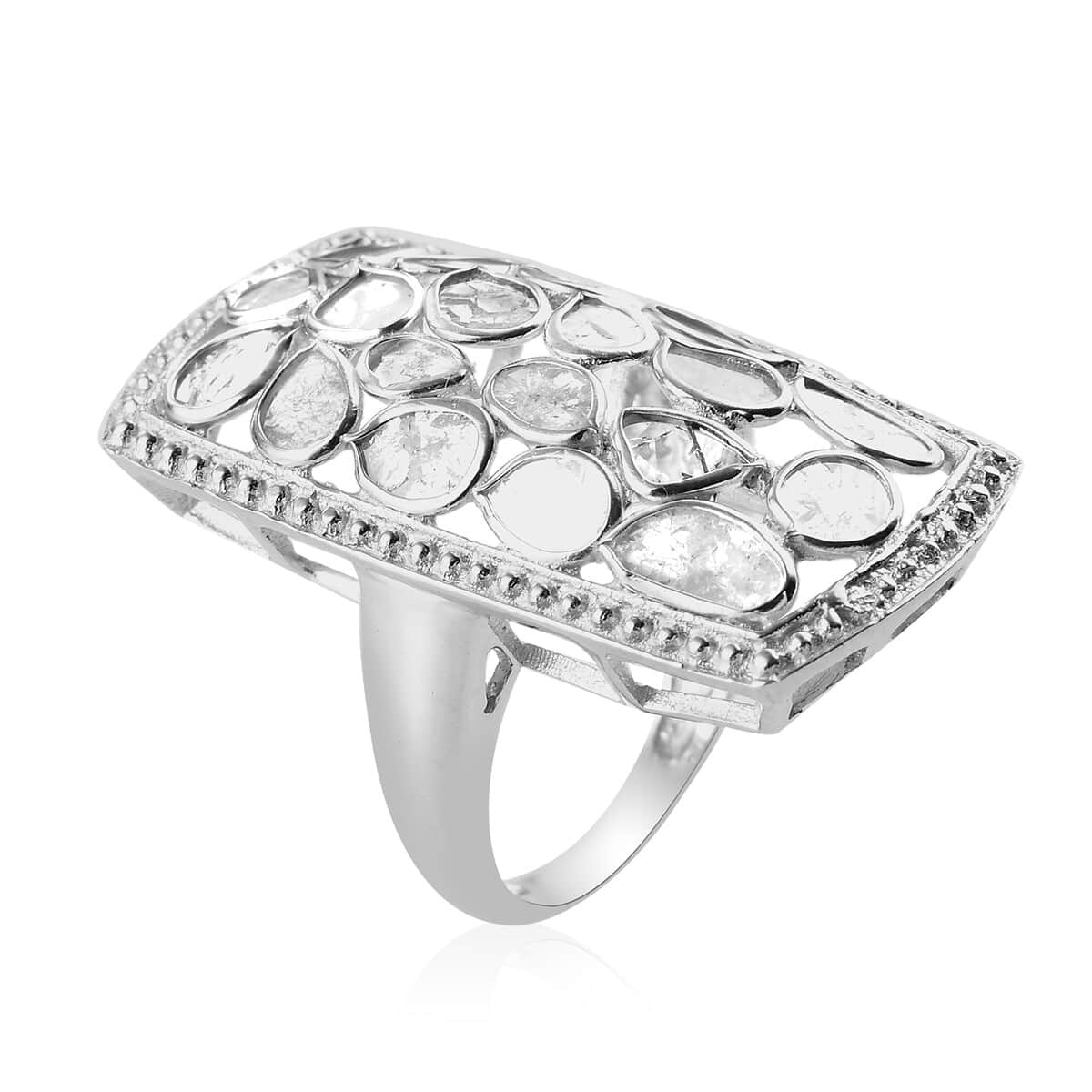 Artisan Crafted 2.00 ctw Polki Diamond Cushion Shape Ring in Platinum Over Sterling Silver (Size 11.0) image number 3