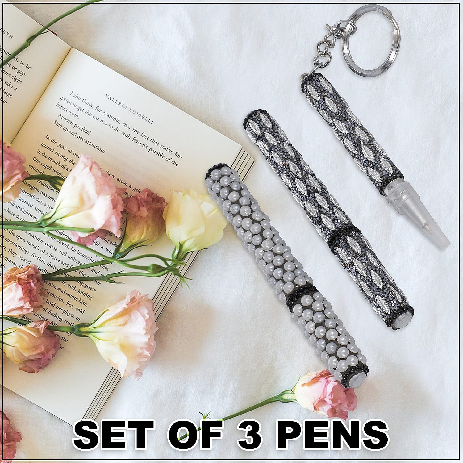 Set of 3 Black Color Blink Pens, Key Chain Pen and Pearl Pen