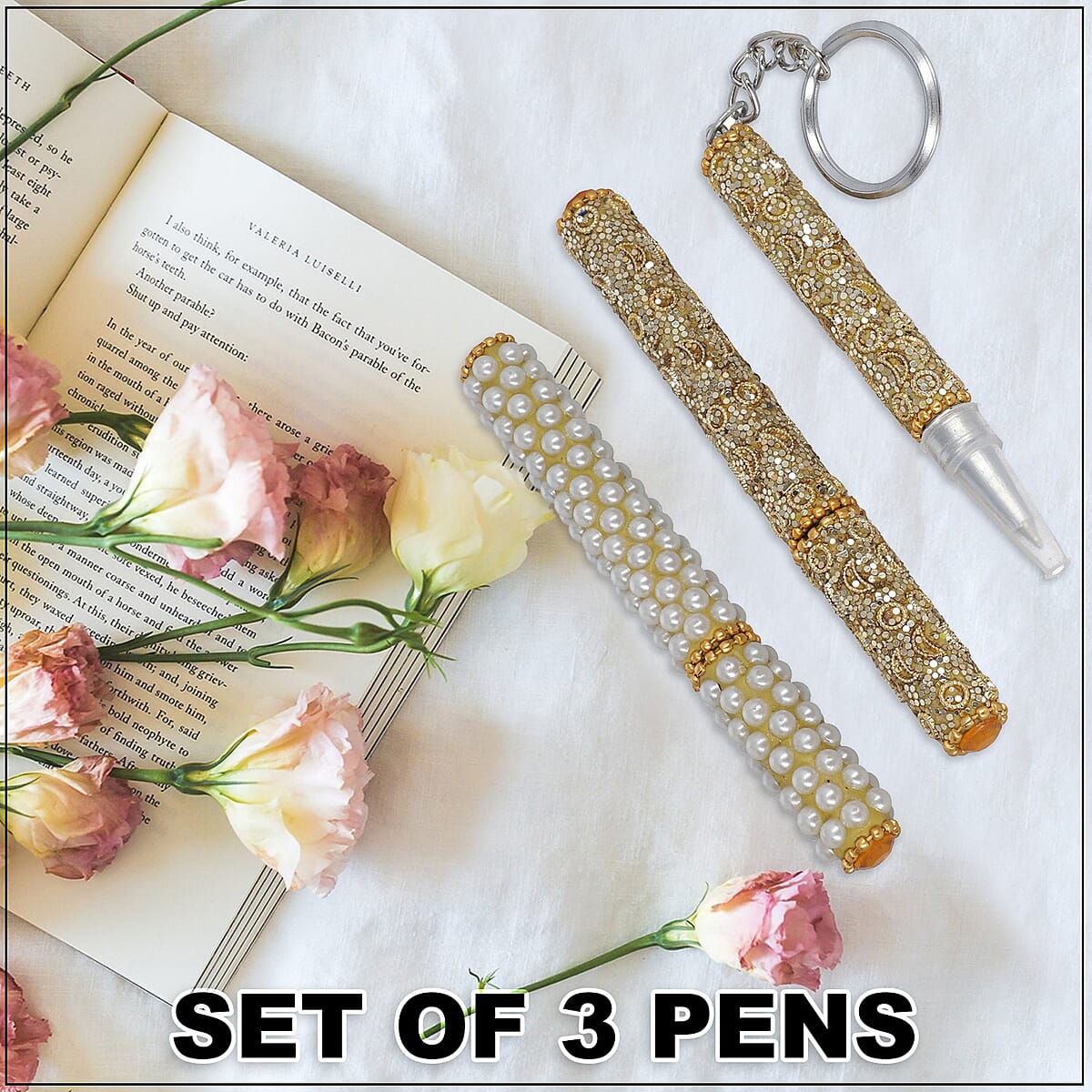 Set of 3 Golden Color Blink Pens, Key Chain Pen and Pearl Pen image number 1