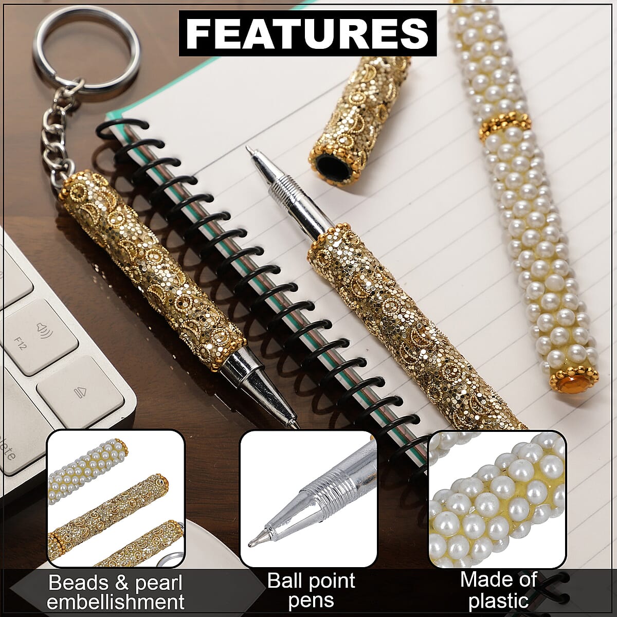Set of 3 Golden Color Blink Pens, Key Chain Pen and Pearl Pen image number 2