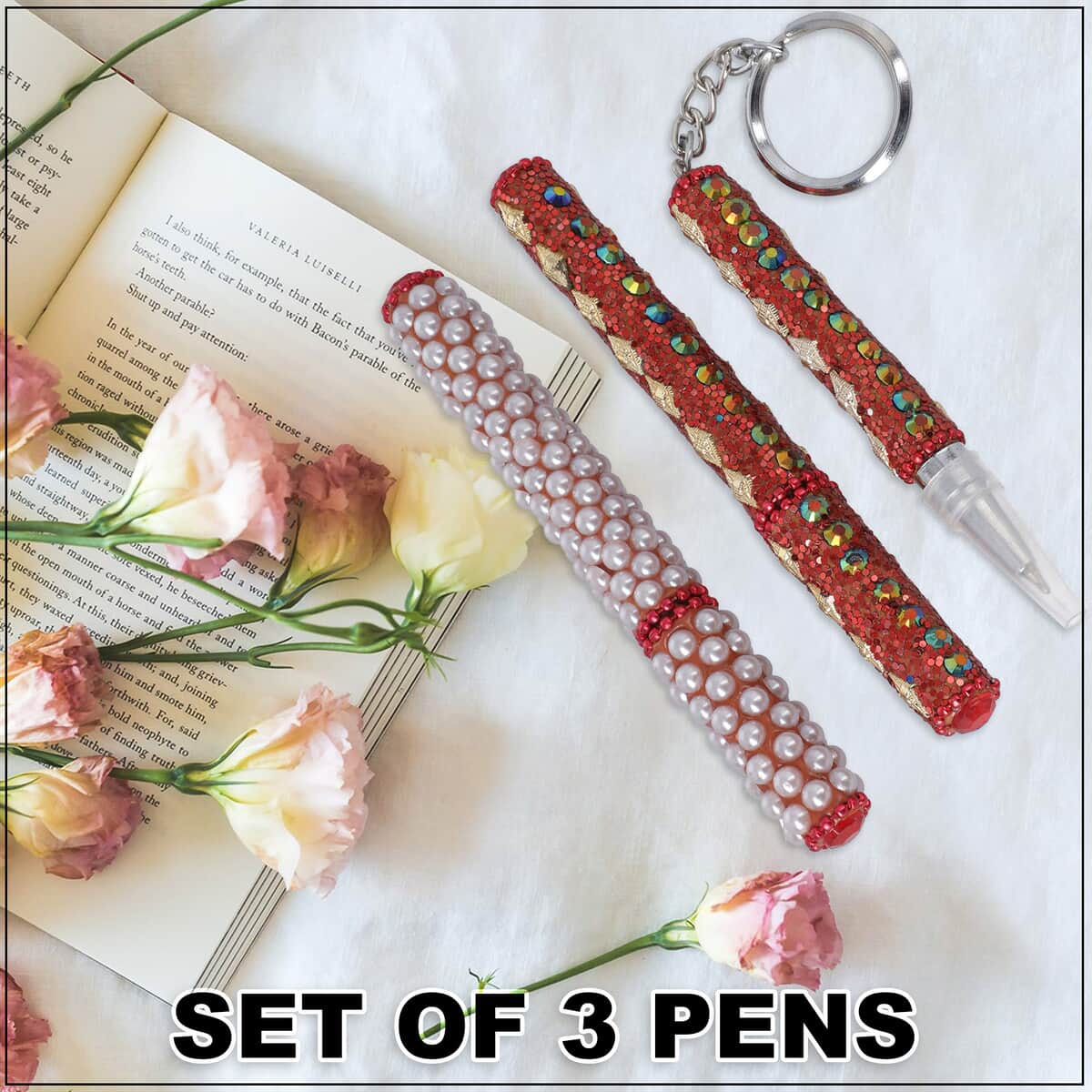 Set of 3 Red Color Blink Pens, Key Chain Pen and Pearl Pen image number 1