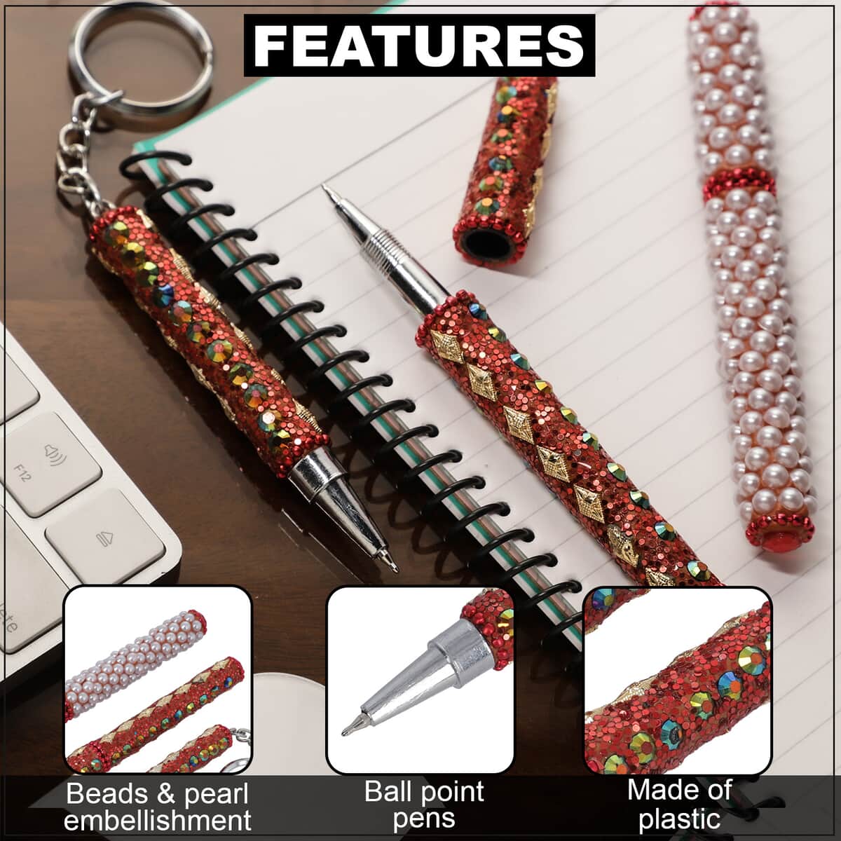 Set of 3 Red Color Blink Pens, Key Chain Pen and Pearl Pen image number 2