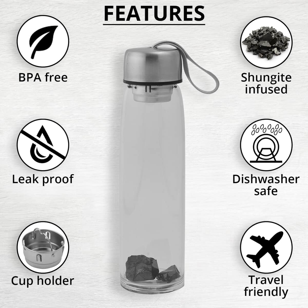 Silver Color Stainless Steel and Glass Elite Shungite Filter Infuser Water Bottle 16.9oz image number 2