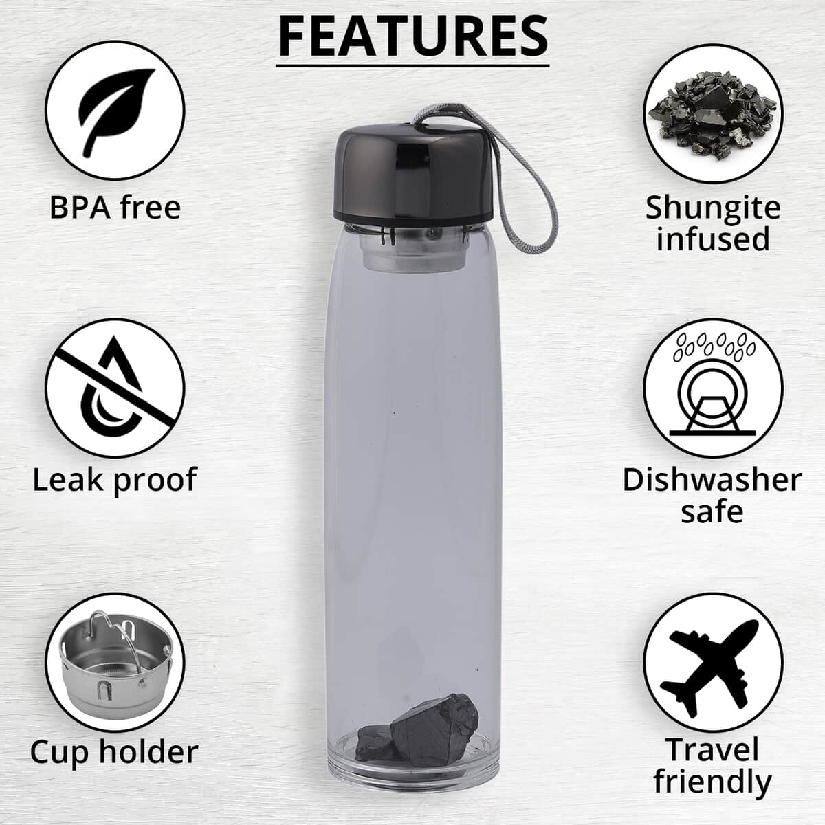 Gunmetal Color Stainless Steel and Glass Elite Shungite Filter Infuser Water Bottle 16.9oz image number 2