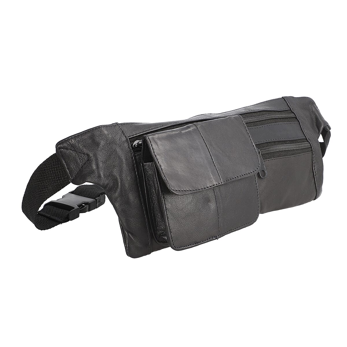 Black 100% Genuine Leather RFID Fanny Bag (14.56x5.9) image number 1