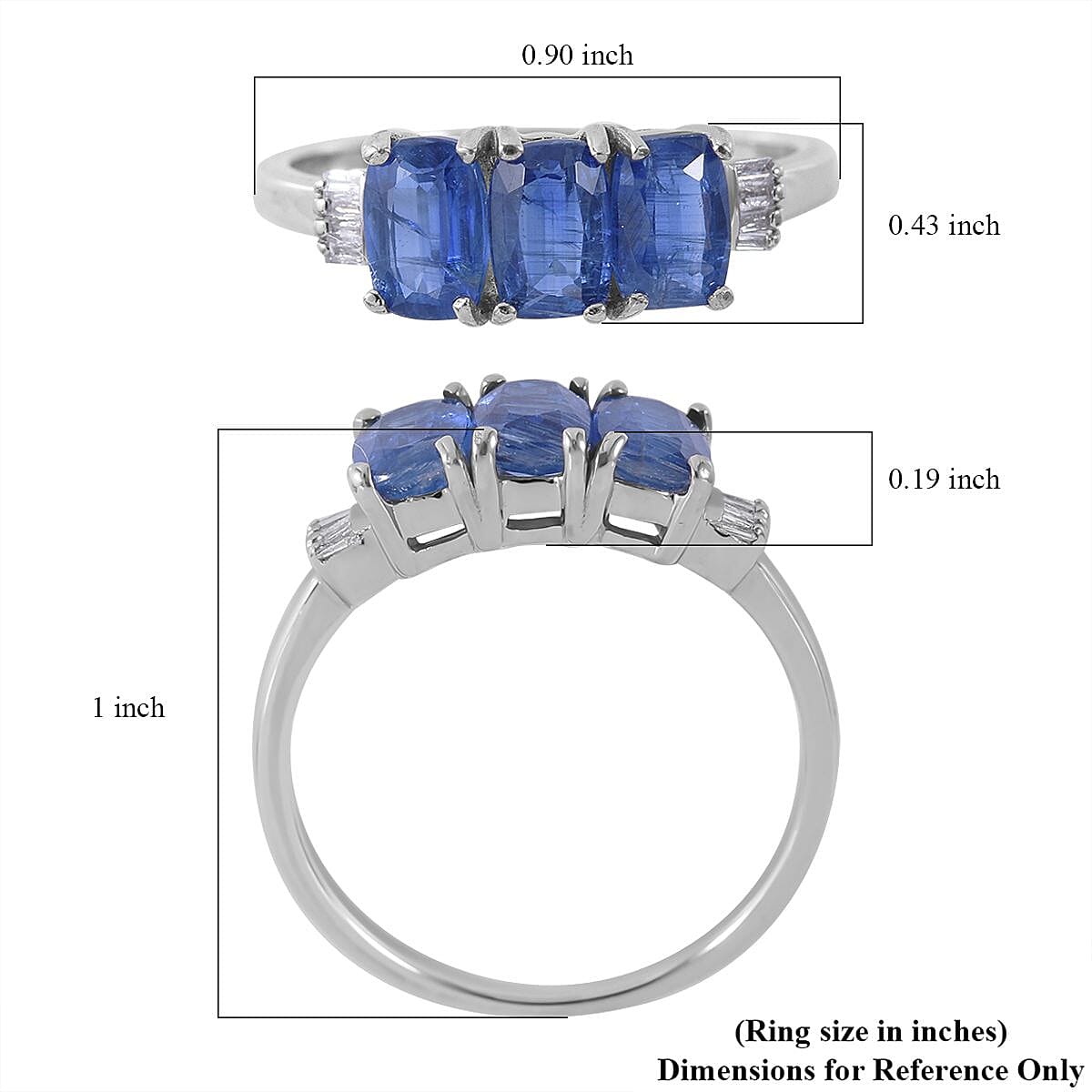 Himalayan Kyanite and Diamond 3 Stone Ring in Platinum Over Sterling Silver (Size 10.0) 1.90 ctw