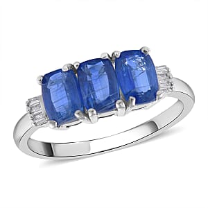 Himalayan Kyanite and Diamond 3 Stone Ring in Platinum Over Sterling Silver (Size 8.0) 1.90 ctw
