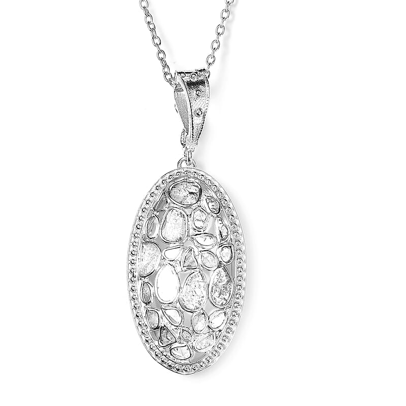 Artisan Crafted Polki Diamond Oval Shape Station Pendant Necklace 18 Inches in Platinum Over Sterling Silver 8 Grams 2.00 ctw