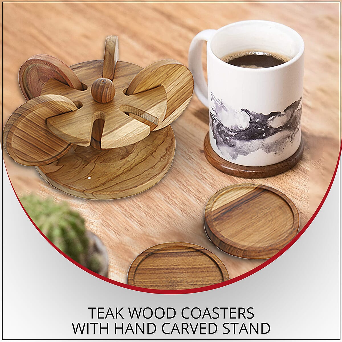 Set of 6 Handcrafted Teak Wooden Coasters  with Hand Carved Stand image number 1