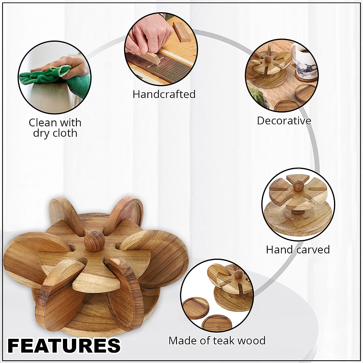 Set of 6 Handcrafted Teak Wooden Coasters  with Hand Carved Stand image number 2