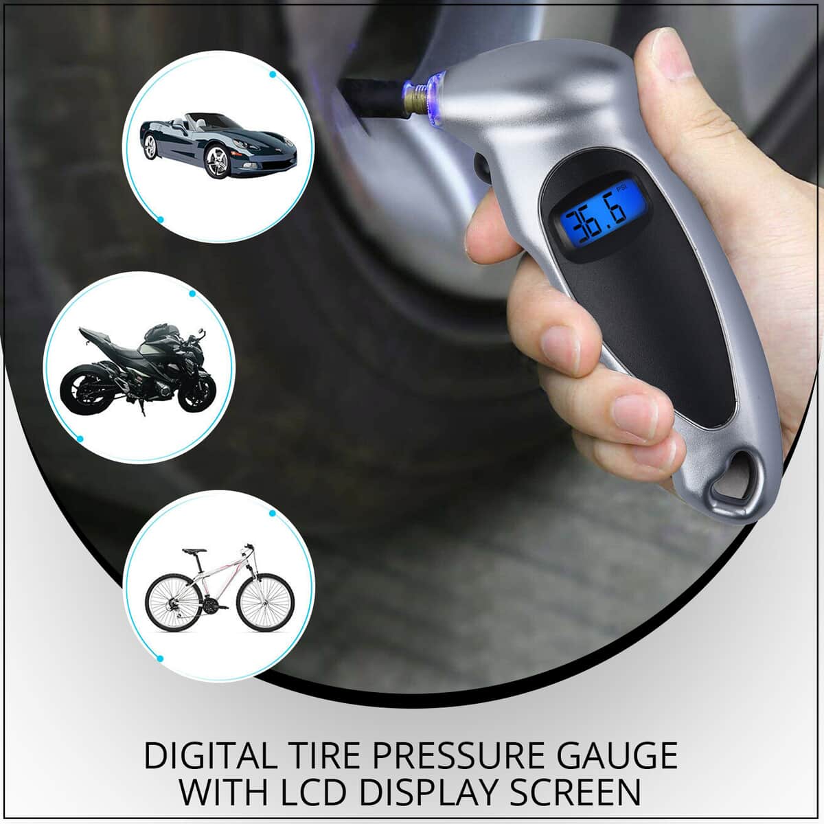 Heavy Duty Battery Operated Gray Digital Tire Pressure Gauge with Backlit LCD Display Screen, Tire Inflator, Lighted Nozzle, Non-slip Handle Grip image number 1
