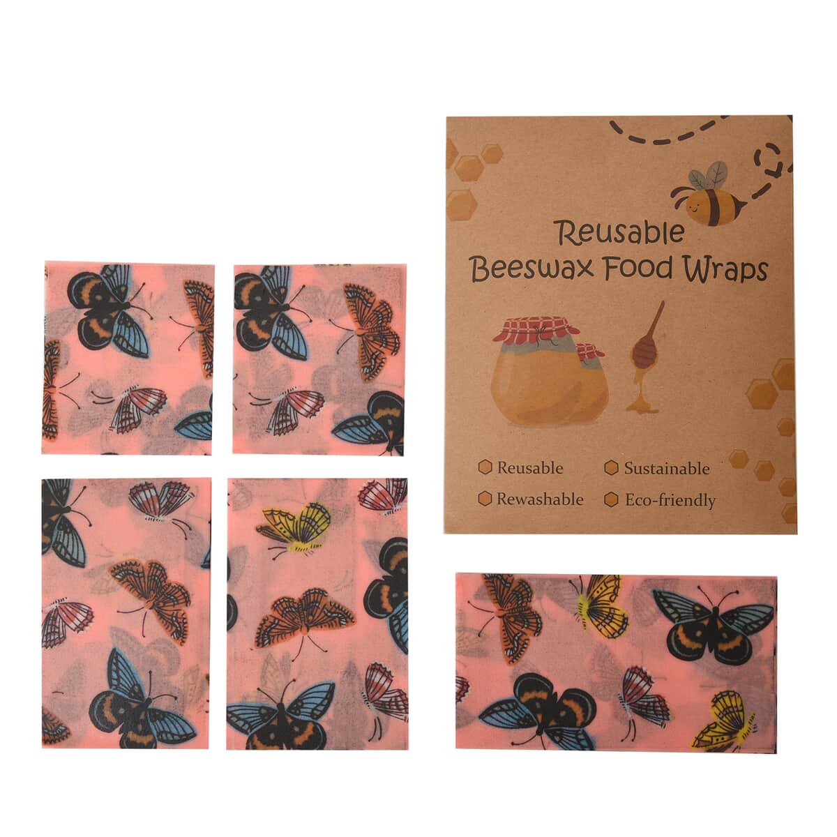 Set of 5 Beige and Pink Reusable Beeswax Butterfly Pattern Wrap image number 0