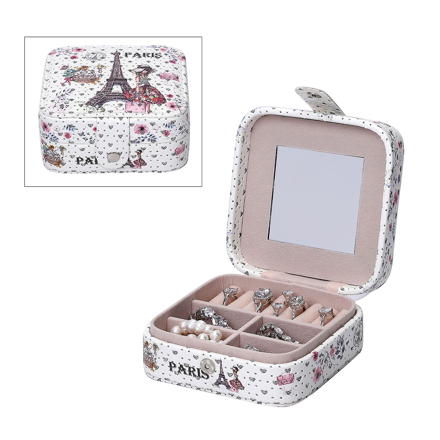 EXCLUSIVE DEAL White Digital Print Eiffel Tower Pattern Faux Leather Jewelry Box with Mirror & Lock (4.5x4.5x2)