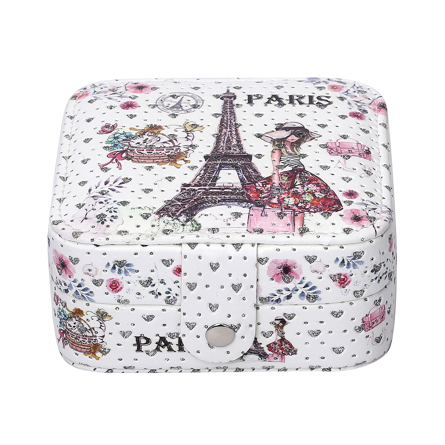 EXCLUSIVE DEAL White Digital Print Eiffel Tower Pattern Faux Leather Jewelry Box with Mirror & Lock (4.5x4.5x2)