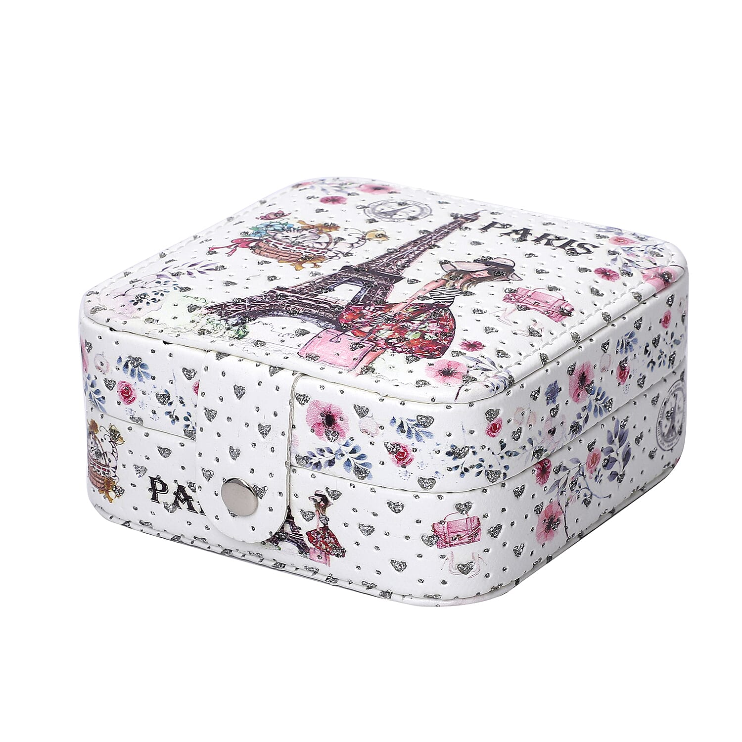 EXCLUSIVE DEAL White Digital Print Eiffel Tower Pattern Faux Leather Jewelry Box with Mirror & Lock (4.5x4.5x2)