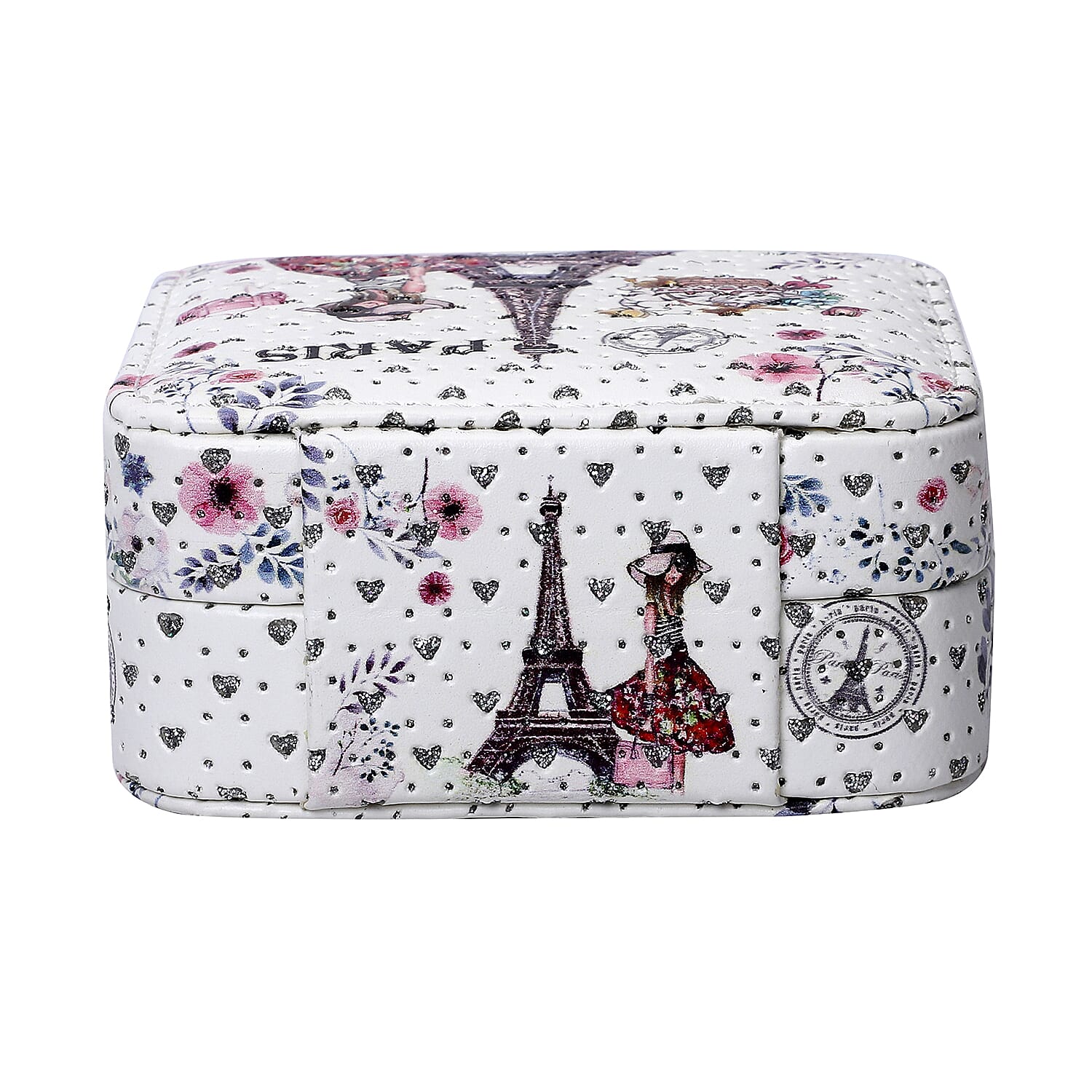 EXCLUSIVE DEAL White Digital Print Eiffel Tower Pattern Faux Leather Jewelry Box with Mirror & Lock (4.5x4.5x2)