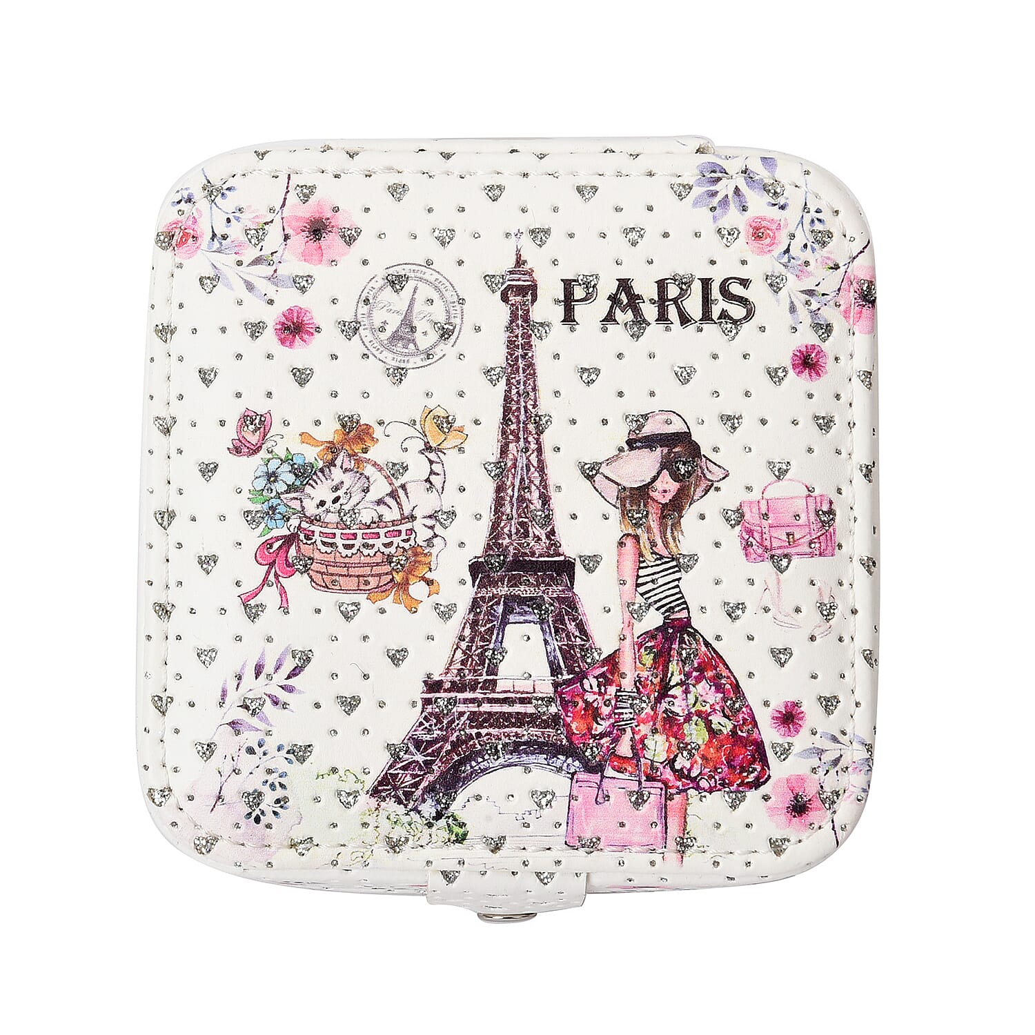 EXCLUSIVE DEAL White Digital Print Eiffel Tower Pattern Faux Leather Jewelry Box with Mirror & Lock (4.5x4.5x2)