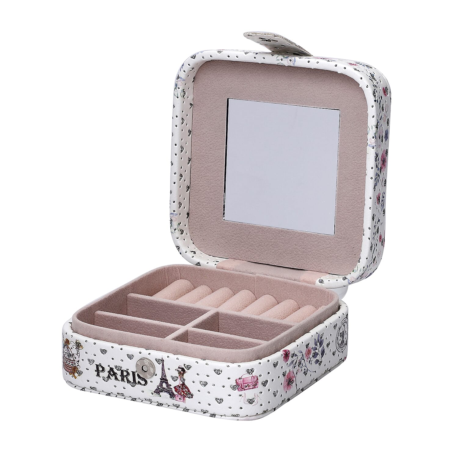 EXCLUSIVE DEAL White Digital Print Eiffel Tower Pattern Faux Leather Jewelry Box with Mirror & Lock (4.5x4.5x2)
