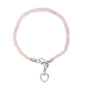 Ethiopian Opal Bead Bracelet in Rhodium Plated Sterling Silver, Welo Opal Jewelry, Heart Charm Bracelet (7.25 In) 13.00 ctw
