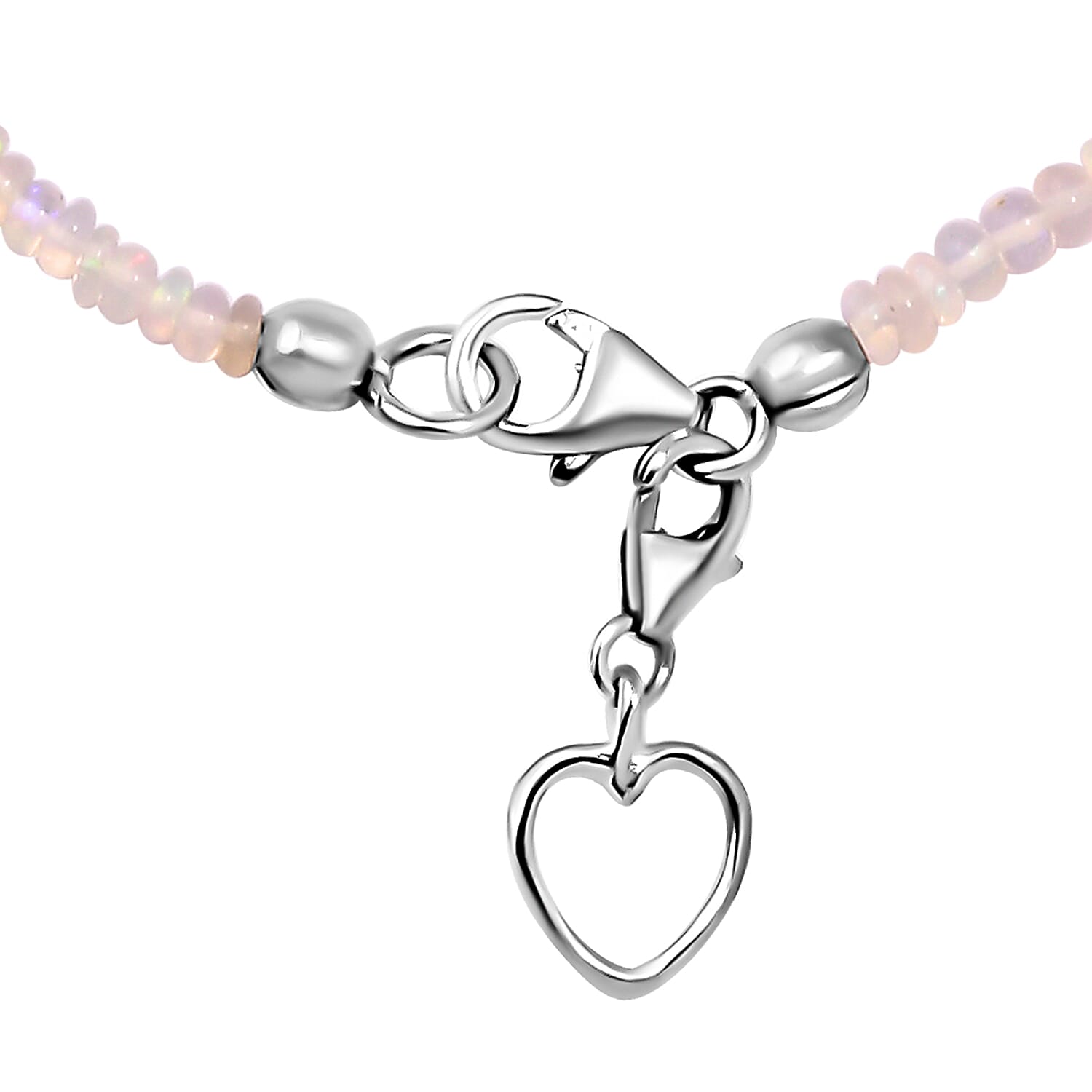 Ethiopian Opal Bead Bracelet in Rhodium Plated Sterling Silver, Welo Opal Jewelry, Heart Charm Bracelet (7.25 In) 13.00 ctw