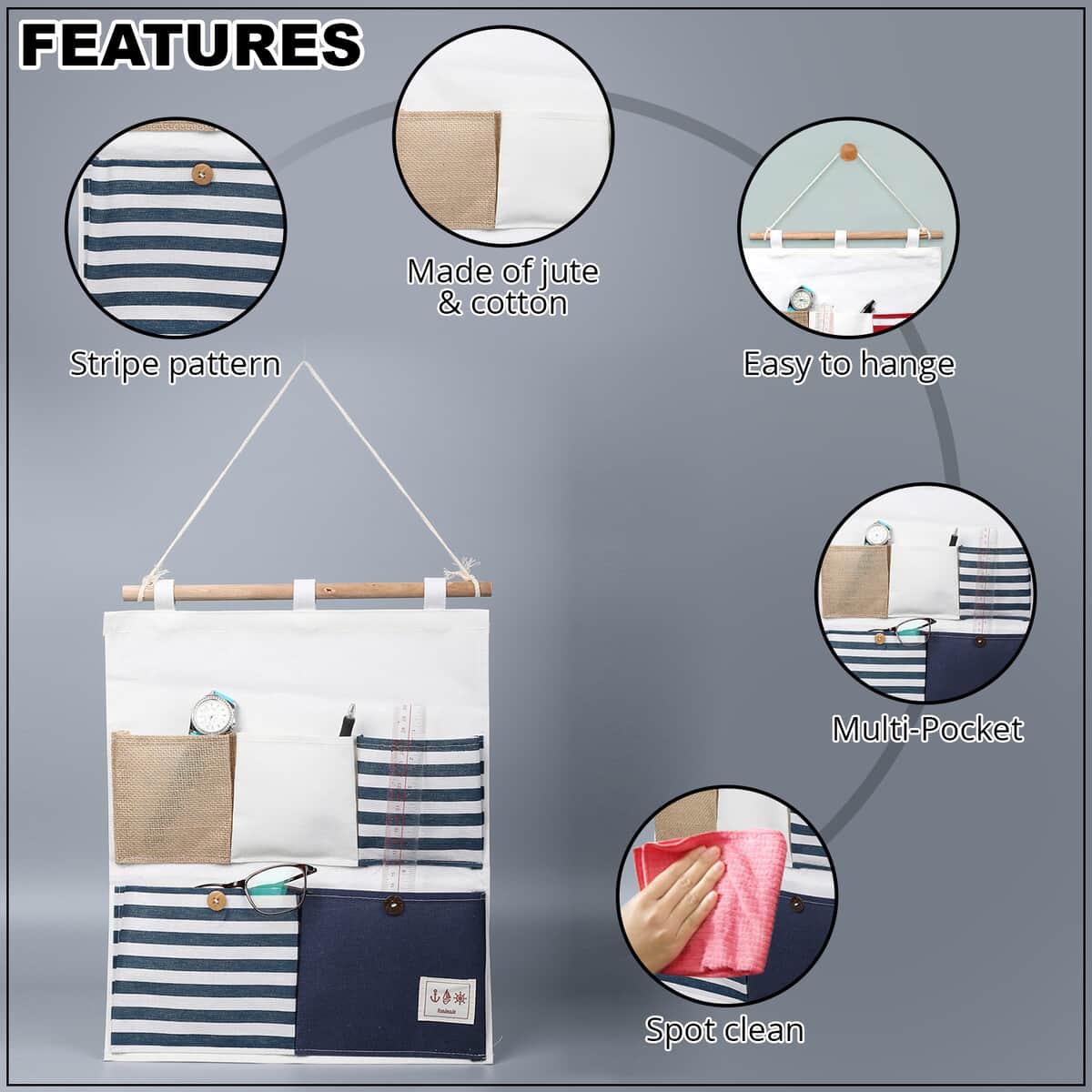 Set of 2 White & Blue Stripe Pattern Hanging Storage Bag Organizer image number 1