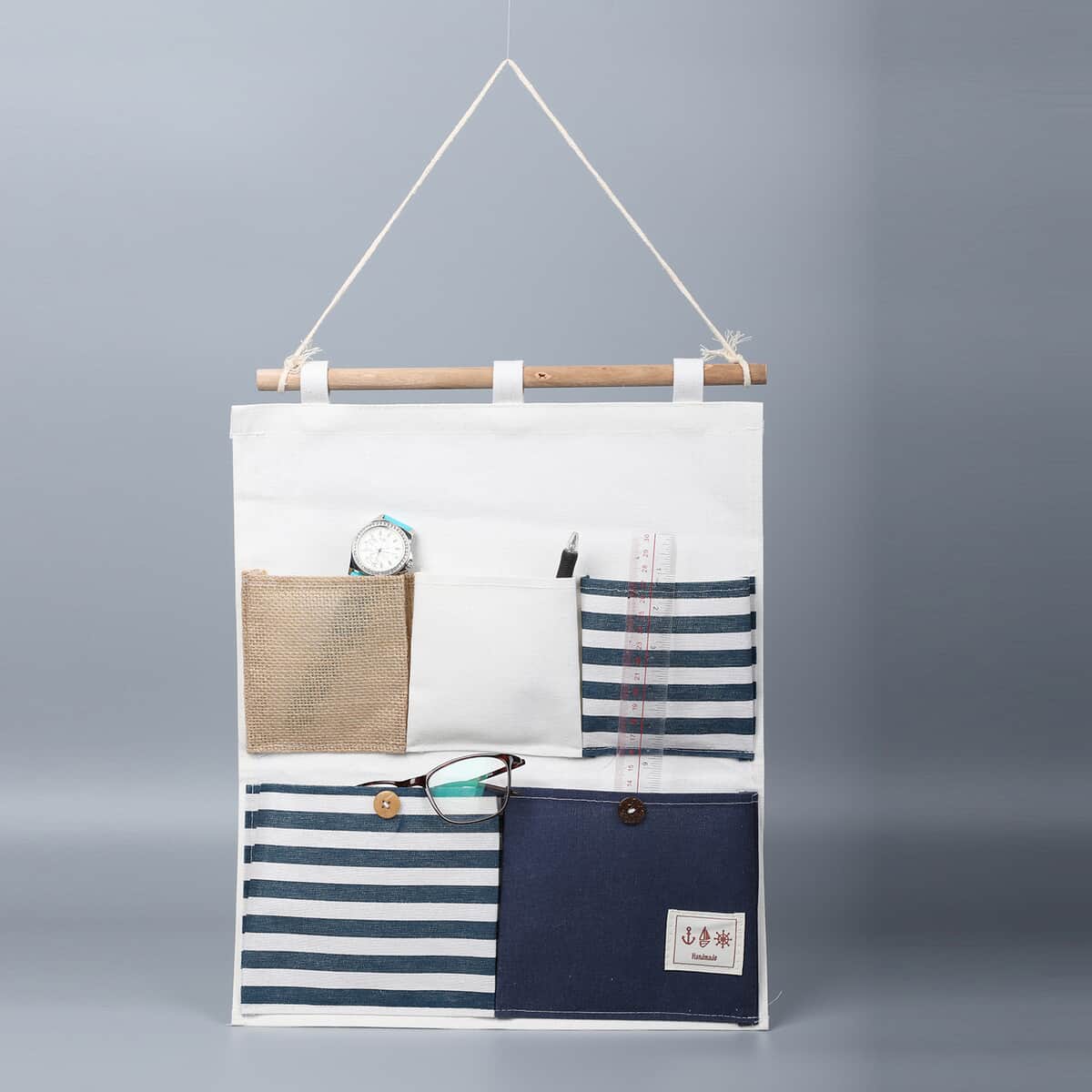 Set of 2 White & Blue Stripe Pattern Hanging Storage Bag Organizer image number 3