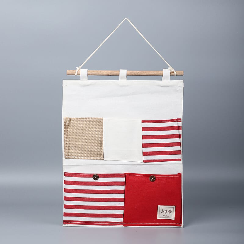 Set of 2 White & Red Stripe Pattern Hanging Storage Bag Organizer