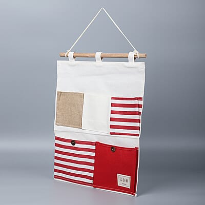 Set of 2 White & Red Stripe Pattern Hanging Storage Bag Organizer