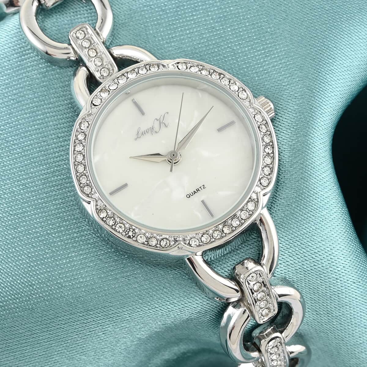 LUCY K Japanese Movement Watch with Faux MOP Dial and Cable Strap in Silvertone image number 1