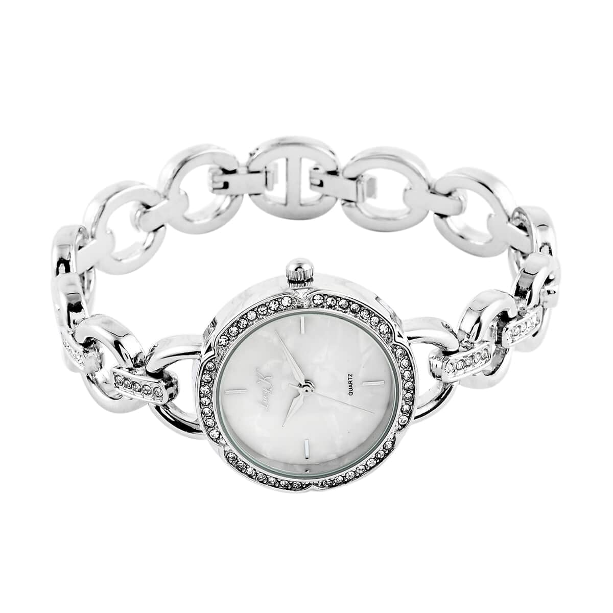 LUCY K Japanese Movement Watch with Faux MOP Dial and Cable Strap in Silvertone image number 3