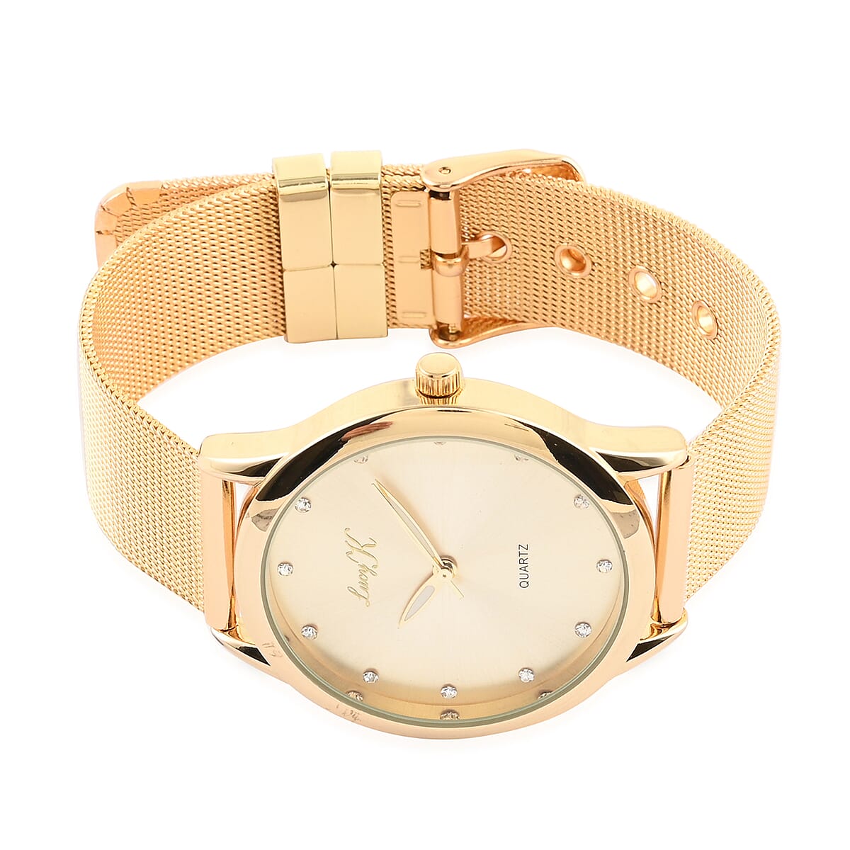 LUCY K Quartz Movement Watch with Sunray Dial and ION Plated YG Stainless Steel Mesh Strap image number 3