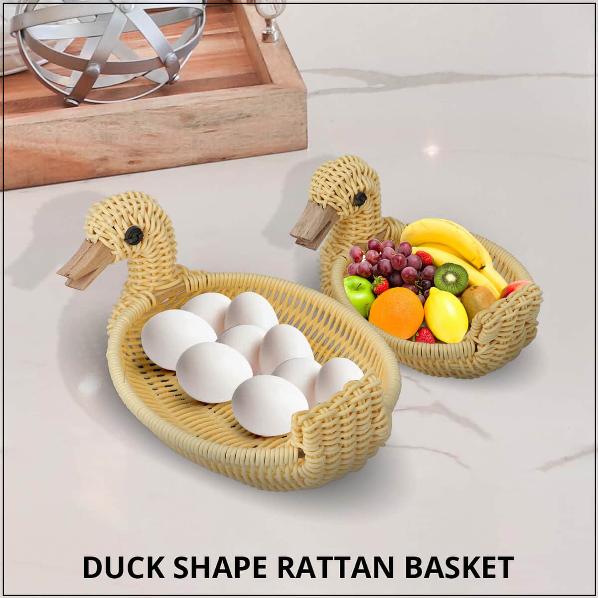Set of 2 Beige Duck Shape Synthetic Rattan Basket image number 1