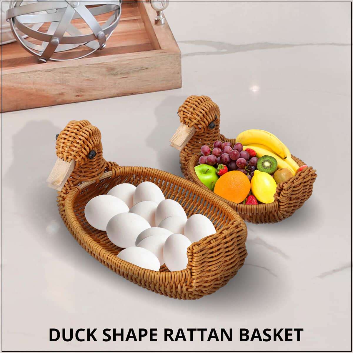 Set of 2 Brown Duck Shape Synthetic Rattan Basket image number 1