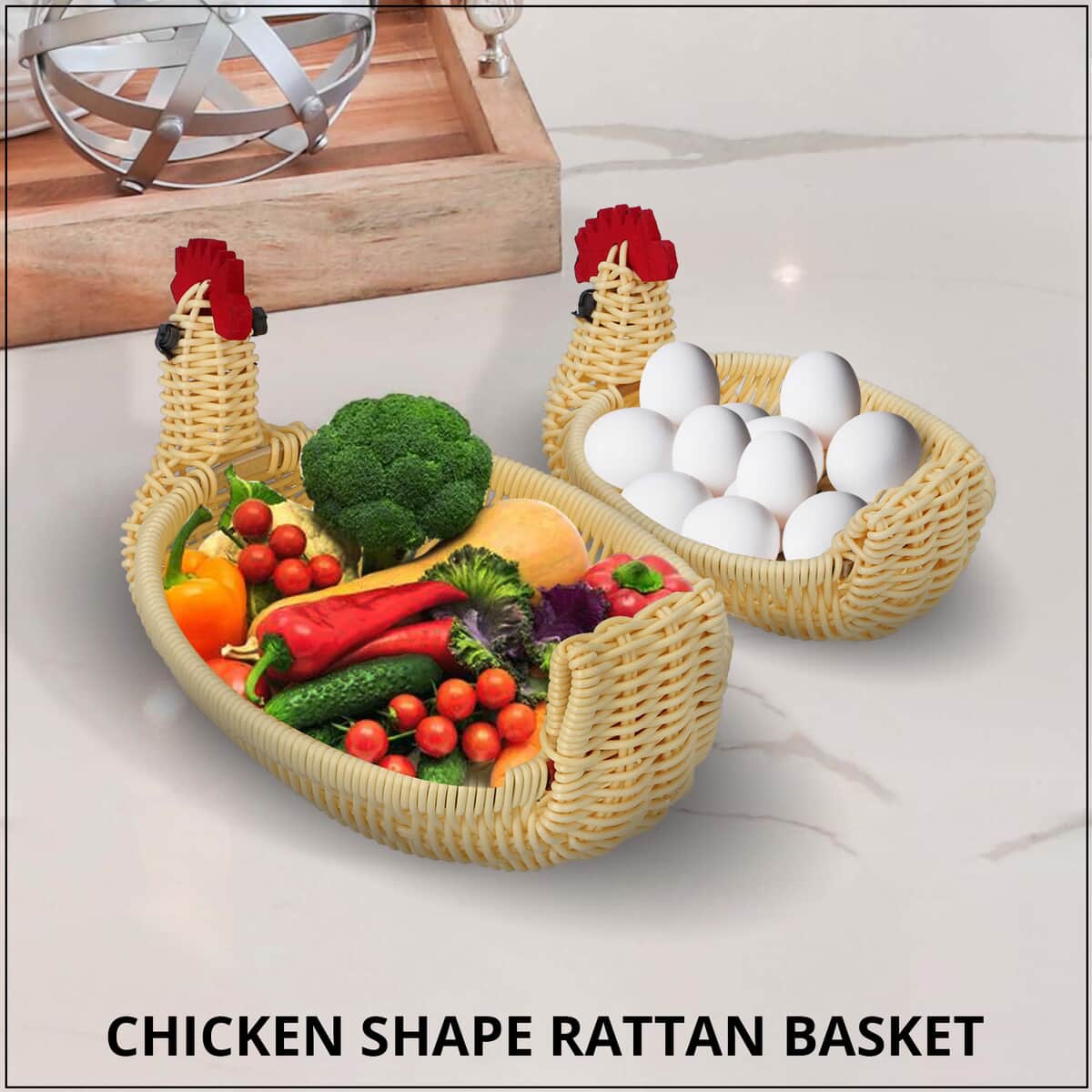 Set of 2 Beige Chicken Shape Synthetic Rattan Basket image number 1