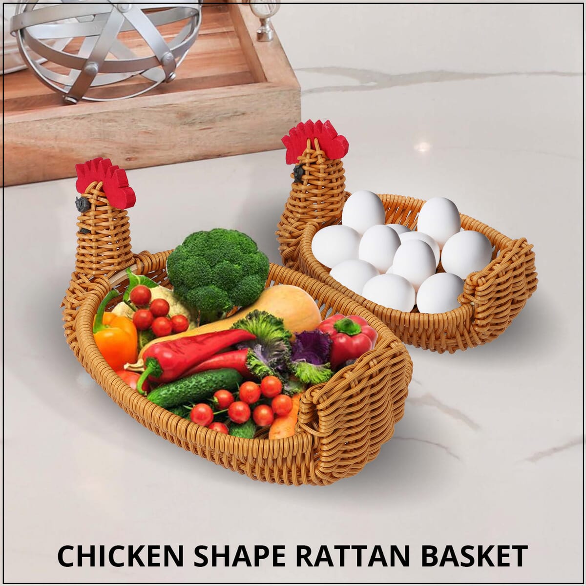 Set of 2 Brown Chicken Shape Synthetic Rattan Basket image number 1