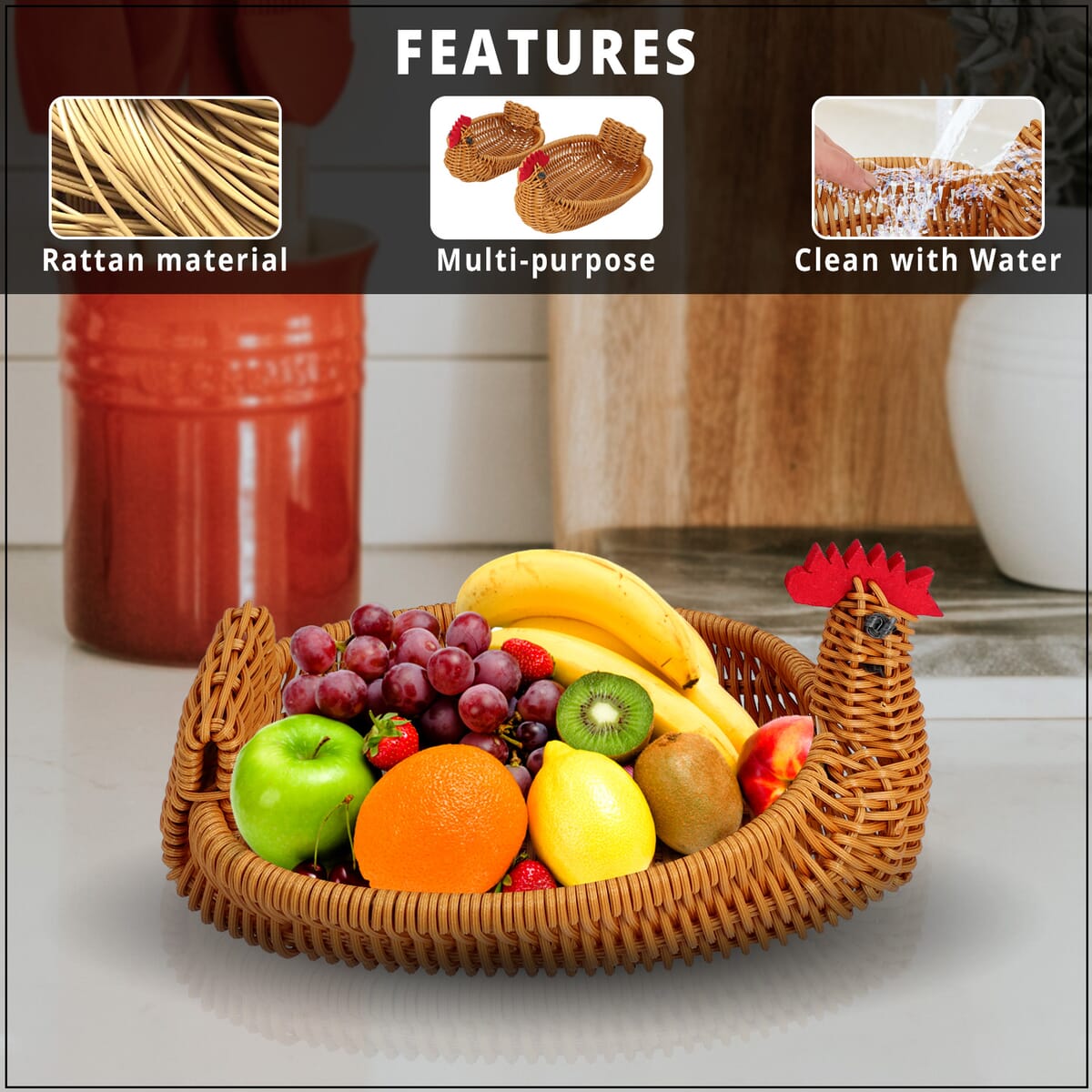 Set of 2 Brown Chicken Shape Synthetic Rattan Basket image number 2