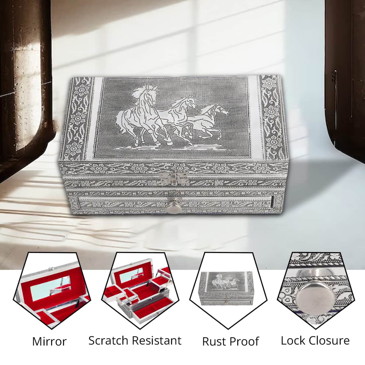 Handcrafted Horse Pattern Oxidized Jewelry Box with Movable Tray and Anti Scratch Interior Lines image number 2