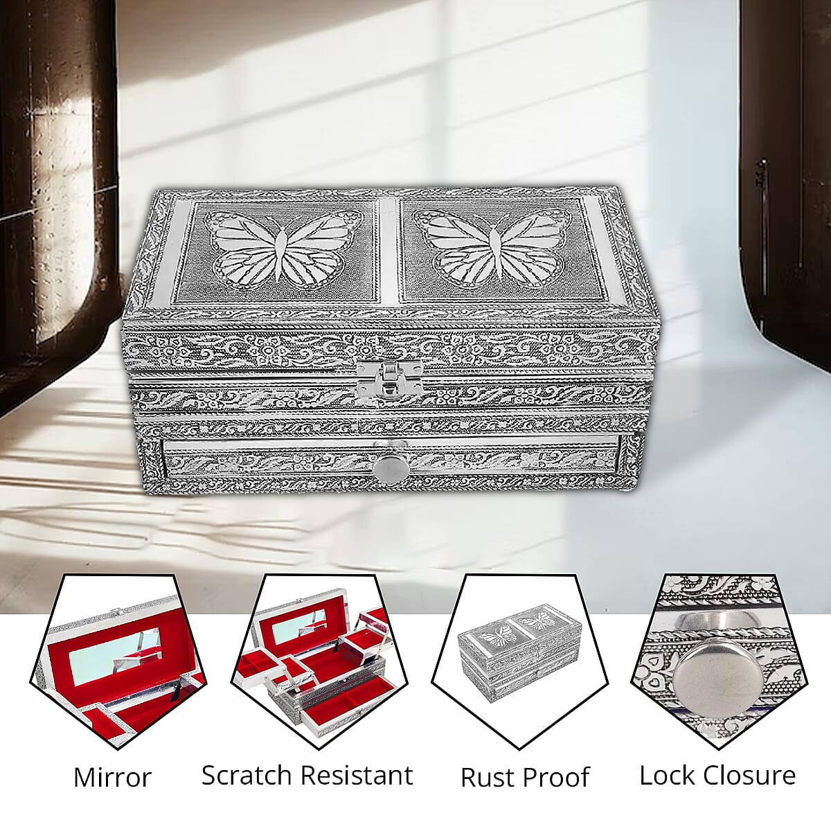 Handcrafted Butterfly Pattern Oxidized Jewelry Box with Movable Tray and Anti Scratch Interior Lines, Jewelry Storage Box for Women, Jewelry Case, Jewelry Organizer image number 2