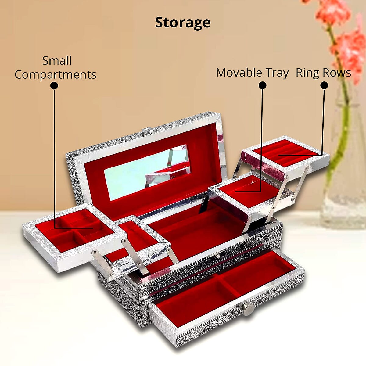 Handcrafted Butterfly Pattern Oxidized Jewelry Box with Movable Tray and Anti Scratch Interior Lines, Jewelry Storage Box for Women, Jewelry Case, Jewelry Organizer image number 3
