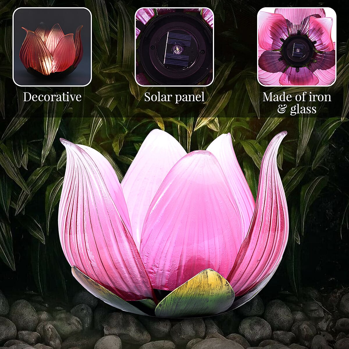 Solar Powered Lotus Floral Garden Decorative - Pink image number 2