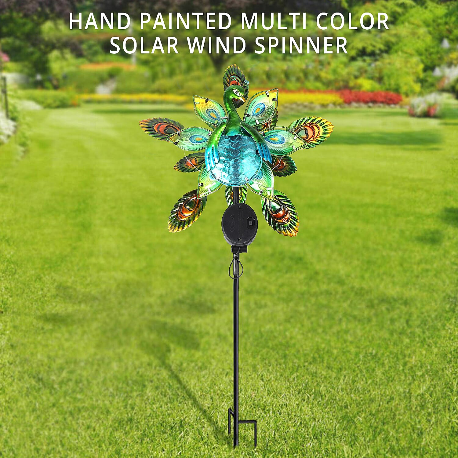 Multi Color Hand Painted Peacock Solar Wind Spinner
