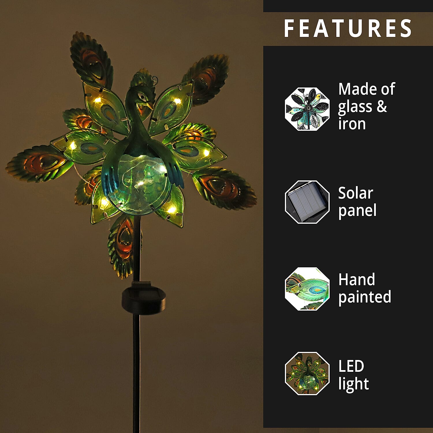 Multi Color Hand Painted Peacock Solar Wind Spinner