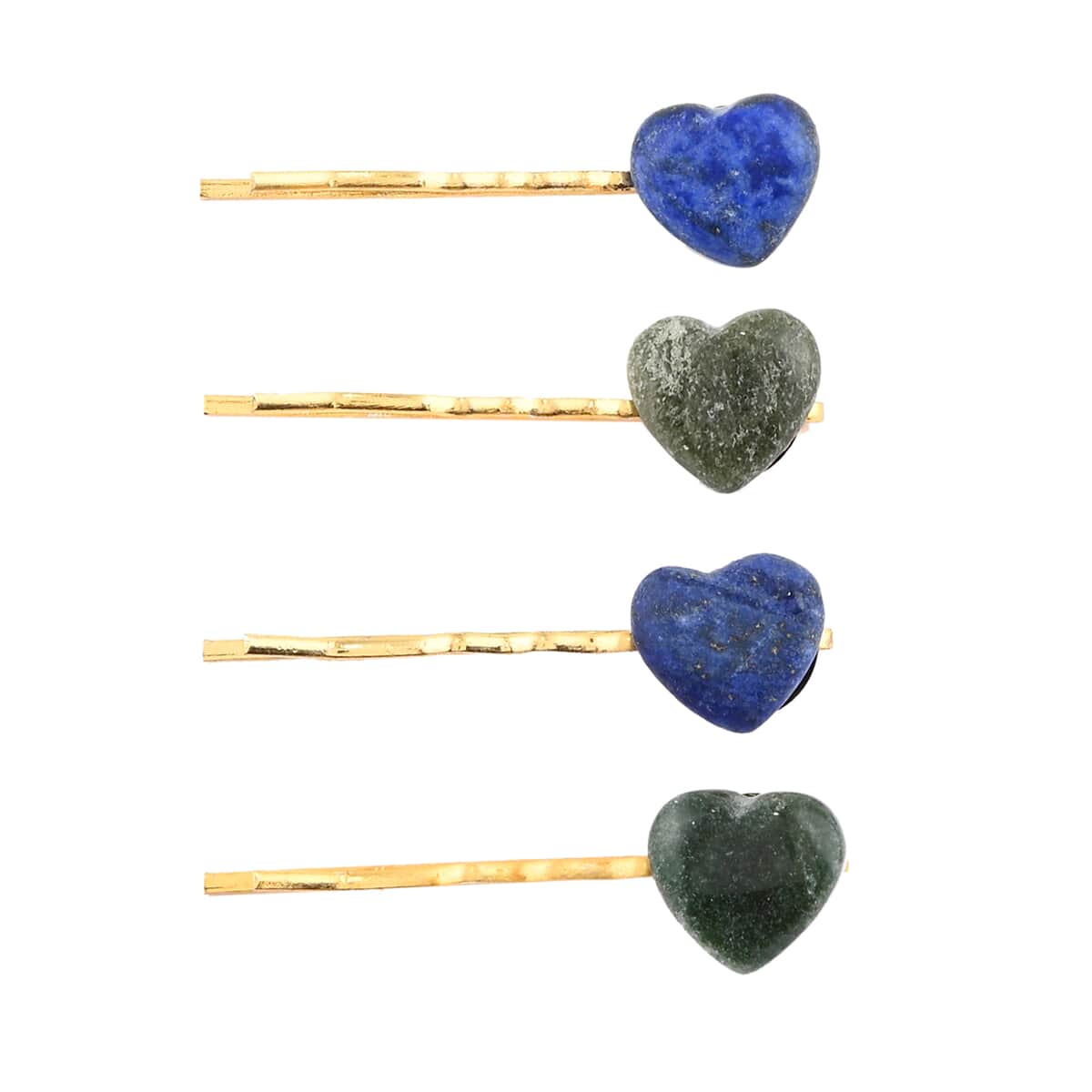 4 Hair Pins of Lapis Lazuli & Green Aventurine with Heart Shape in Goldtone image number 0