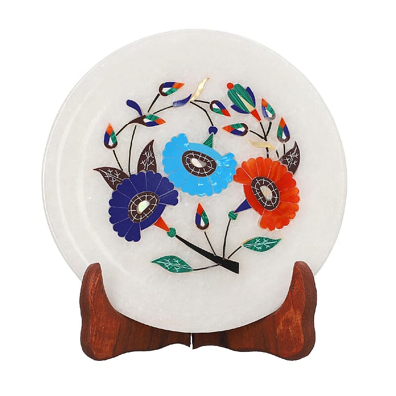 NAKKASHI Marble Light Blue Floral Inlaid Table Decor with Wooden Stand
