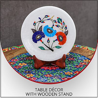 NAKKASHI Marble Light Blue Floral Inlaid Table Decor with Wooden Stand